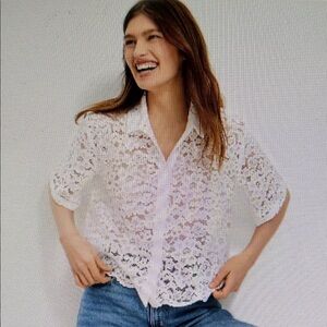 NWT LOFT White Floral Lace Button Down Scalloped Hem Blouse Delicate Feminine XS